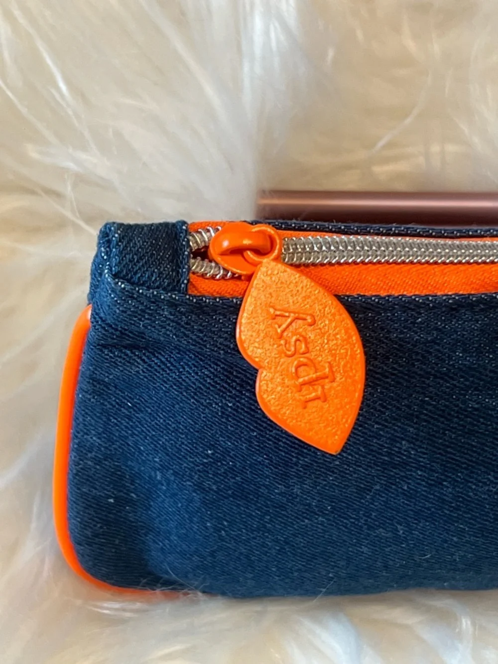 ipsy Dark Blue Denim Cosmetic Bag with Bright Orange Trim